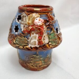 Christmas Glazed Kirklands Ceramic Pottery Snowman 2 PC Tea‎ Light Holder-NIB!